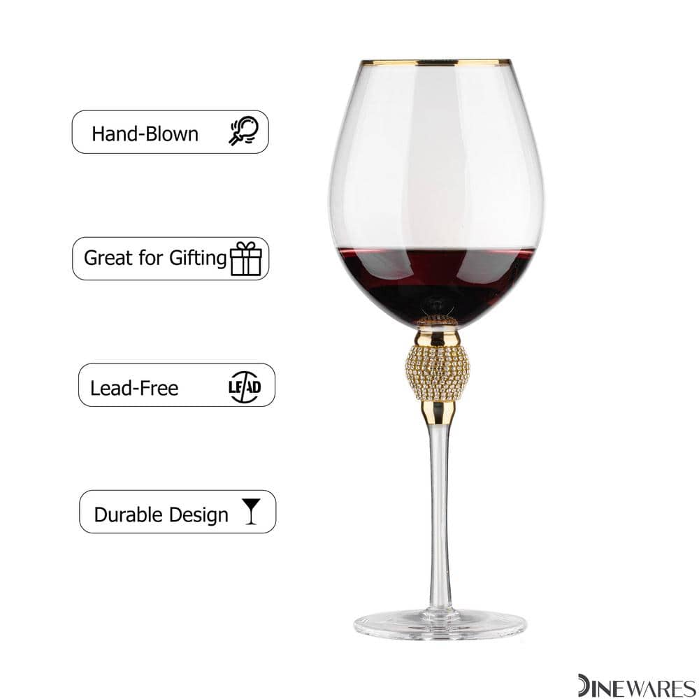 (Set of 2) Gold-Rimmed Red Wine Glasses with Diamond Rhinestone Accent 18 oz. 10 in. Tall - Hercitys