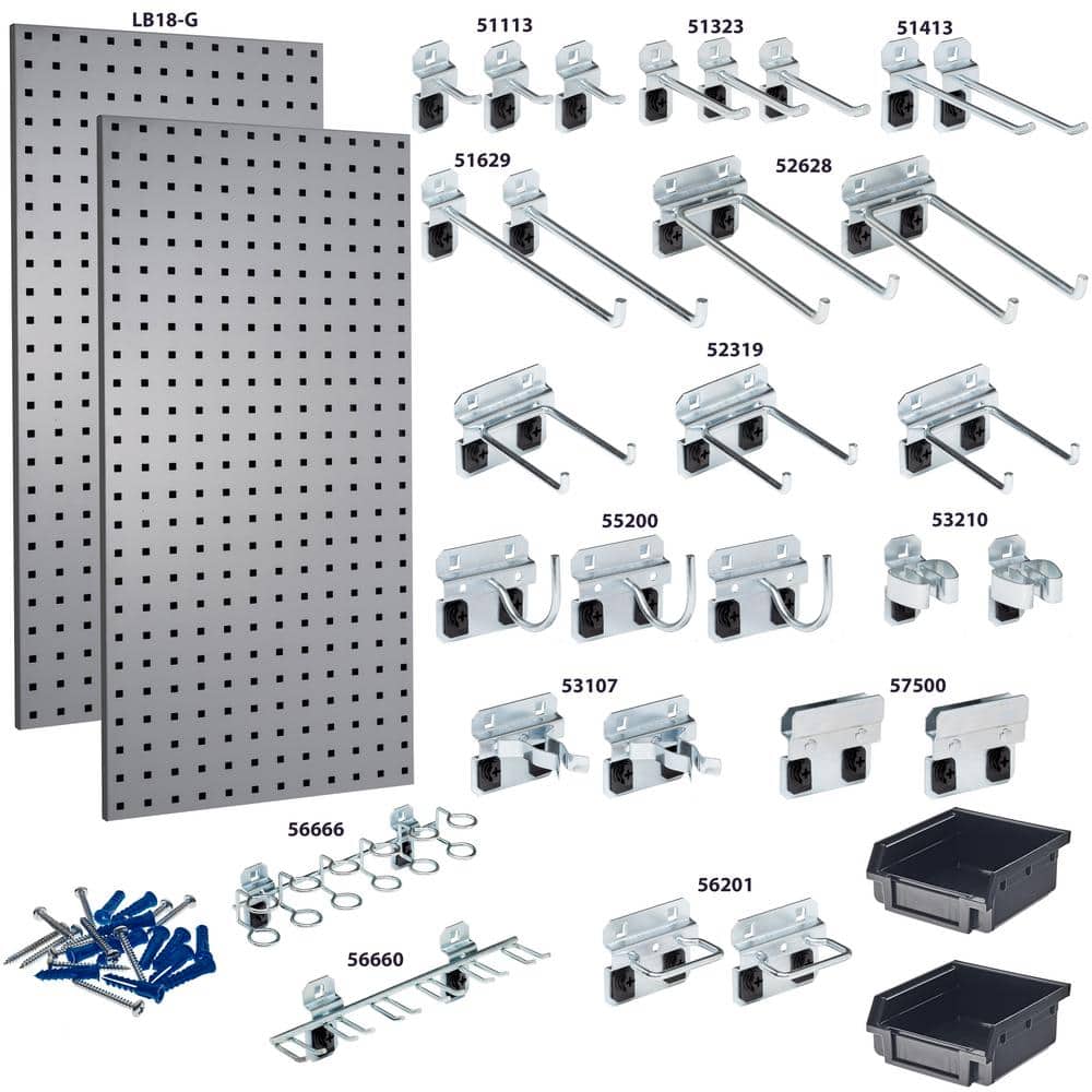 (2) 18 in. W x 36 in. H Gray Steel Square Hole Pegboards with 30-piece LocHook Assortment and Hanging Bin System - Hercitys