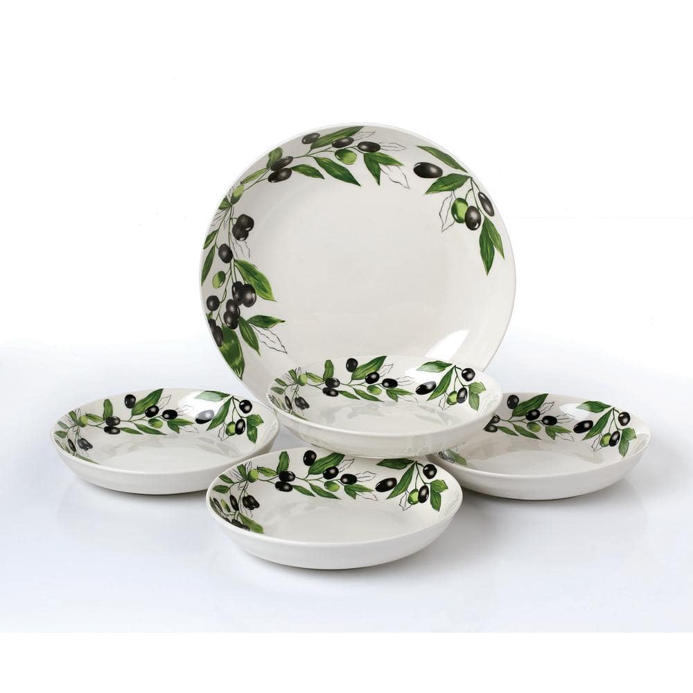 11 in. 52 fl. oz. Olive 5-Piece White Porcelain Pasta Serving Bowl Set (Set of 5) - Hercitys