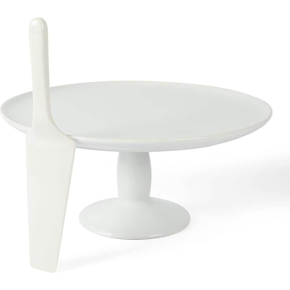 12 in. Single Tier White Ceramic Round Cake Stand with Server - Hercitys