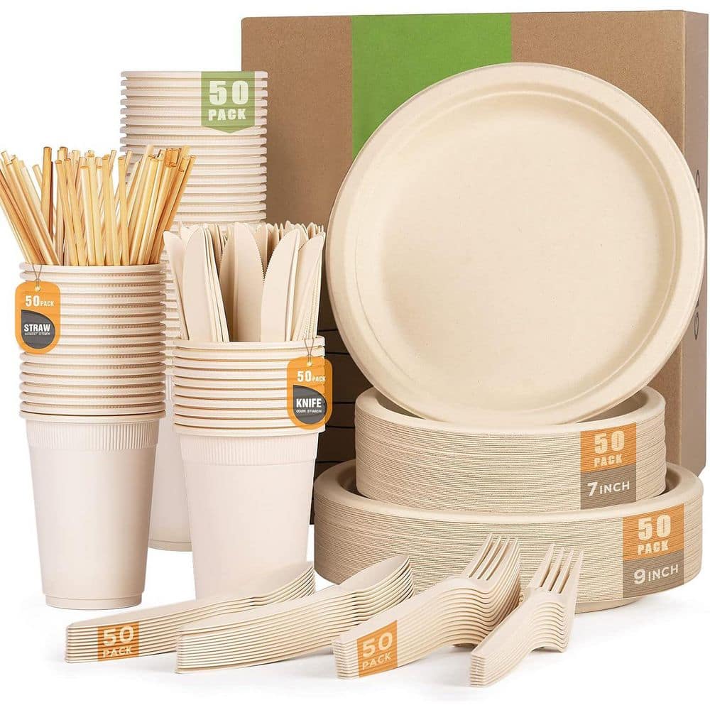 350-Piece Compostable Dinnerware Set for 50 Guests, Eco-Friendly Plates, Cutlery, Cups, Straws - Hercitys