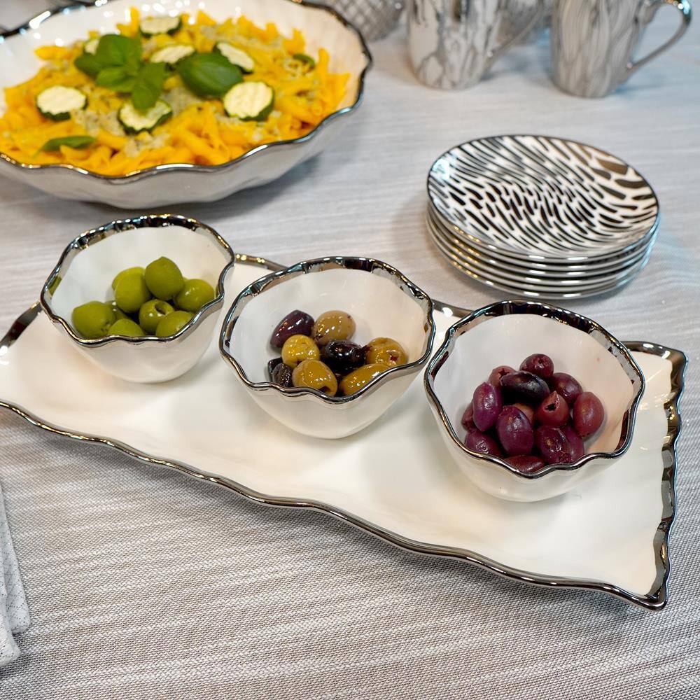 14 in. W. x 6.25 in. H x 1.75 in. D White Porcelain Regency Silver 4-Piece Serving Tray - Hercitys