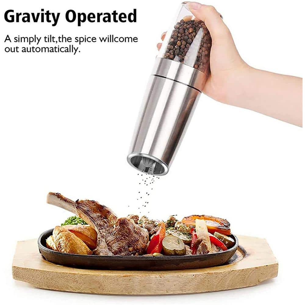 2-Pack Stainless Steel Black Gravity Electric Automatic Pepper and Salt Grinder Set; Battery Powered with LED Light - Hercitys