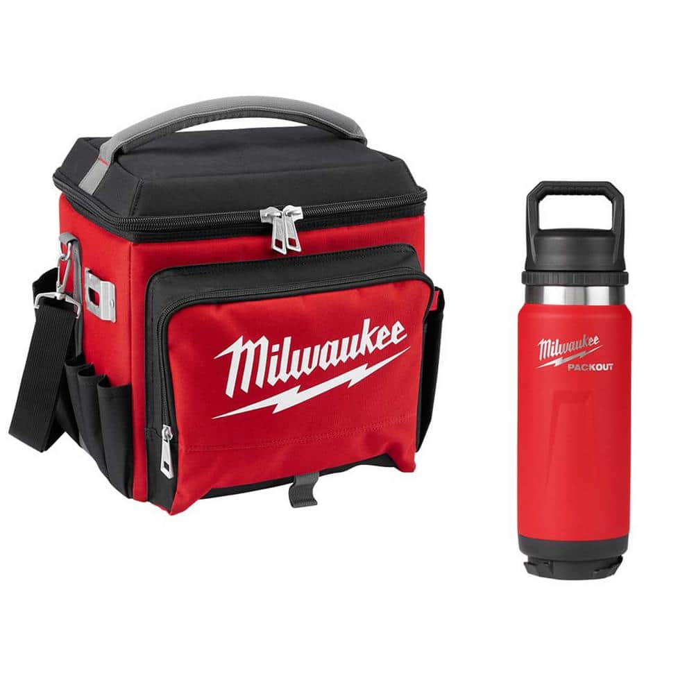 21 Qt. Soft Sided Jobsite Lunch Cooler with PACKOUT Red 24 oz. Insulated Bottle with Chug Lid - Hercitys