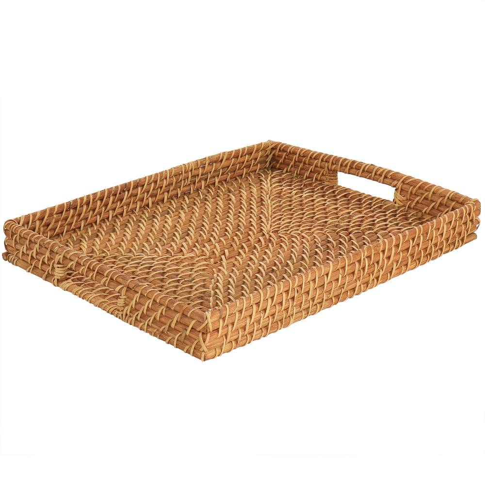 13 Inch x 16 Inch x 1.75 Inch Rattan Woven Serving Tray in Brown - Hercitys