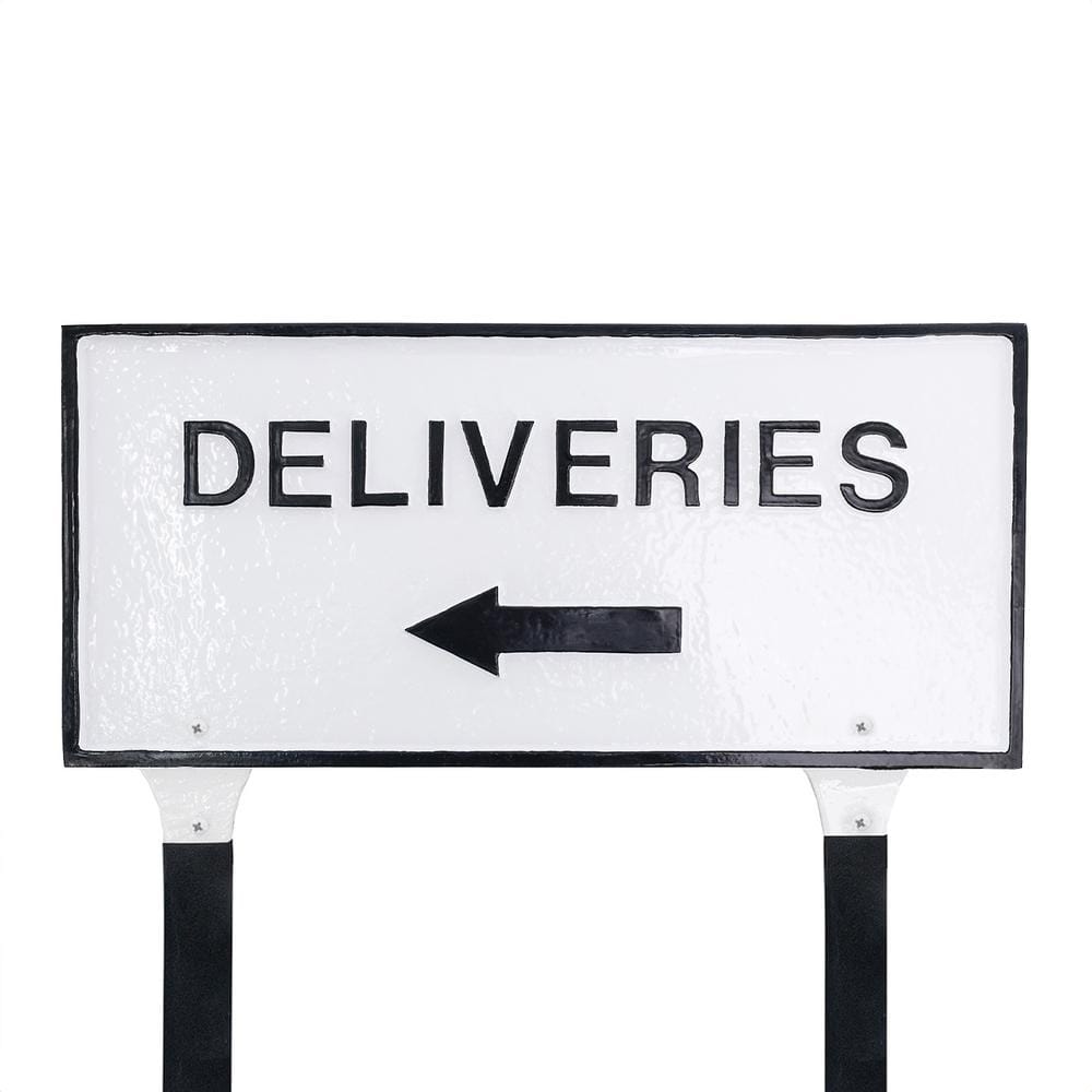 10″ x 21″ Deliveries with Left Arrow Large Rectangle Statement Plaque with Lawn Stakes – White/Black - Hercitys