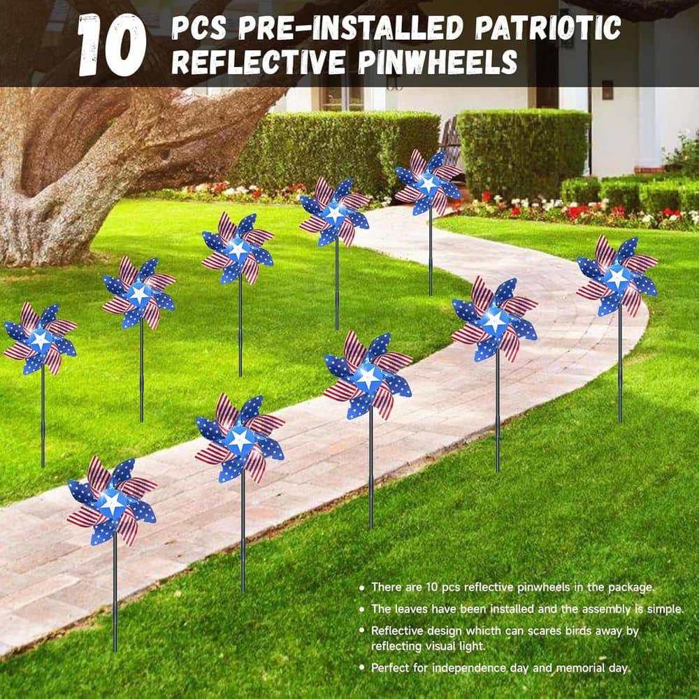 10-Pack Reflective Pinwheels with Patriotic Deterrent Bird Spikes - Hercitys