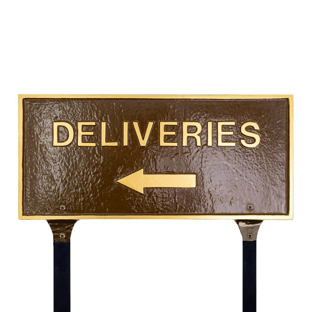 10″ x 21″ Deliveries with Left Arrow Large Rectangle Statement Plaque with Lawn Stakes – Oil Rubbed/Gold - Hercitys