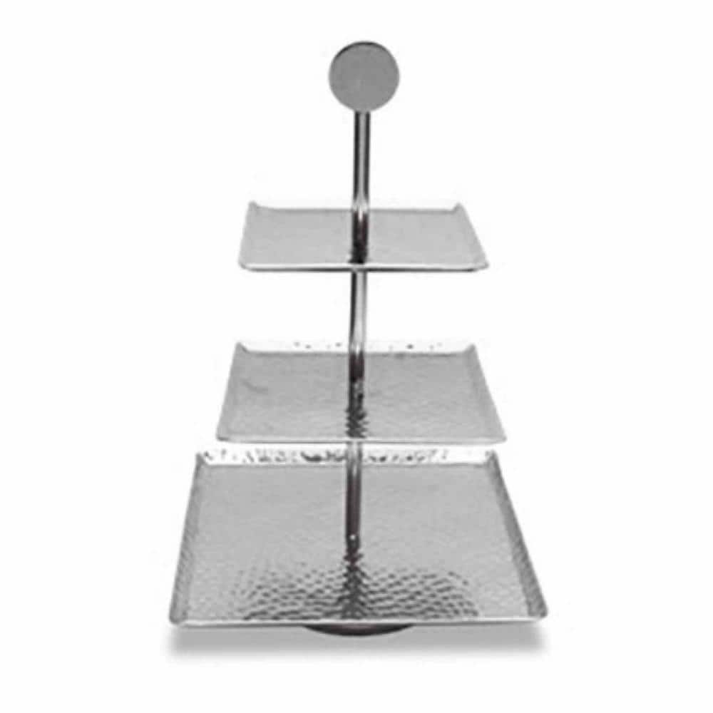 14 in. Silver Square Stainless Steel Hammered Three Tier Tray - Hercitys