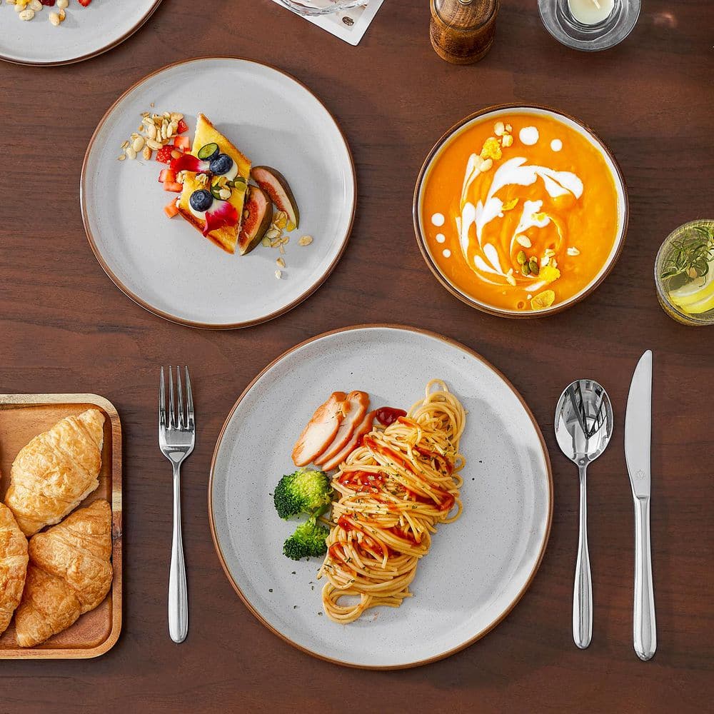 18-Piece Gray Stoneware Dinnerware Set (Service for 6) Sesame Speckles Pattern Dinner Plates Dessert Plates and Bowls - Hercitys