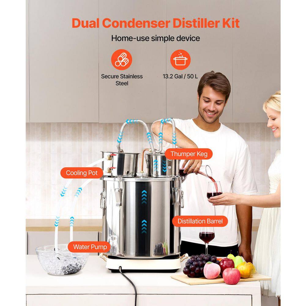 13.2Gal. / 50L Alcohol Still, Stainless Steel Water Alcohol Distiller with Copper Coil, for Whisky, Wine, Brandy, Silver - Hercitys