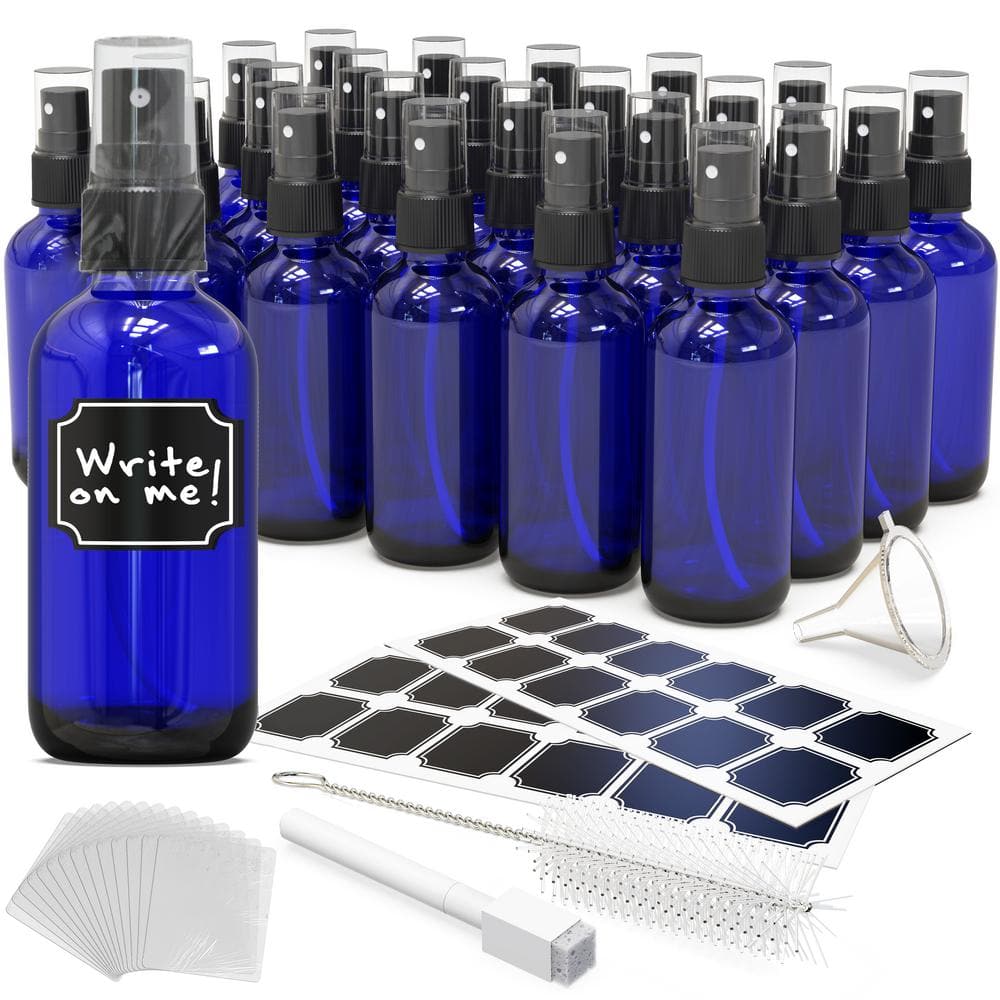 4 oz. Glass Spray Bottles with Funnel, Brush, Marker and Labels – Blue (Pack of 24) - Hercitys