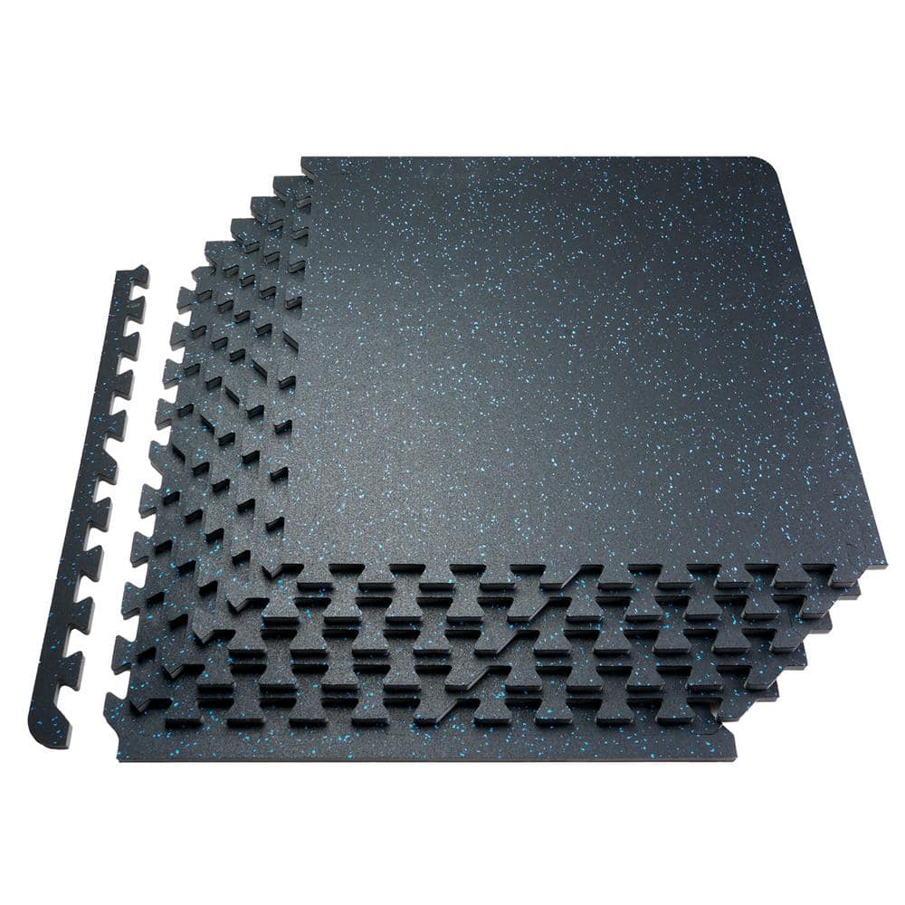 0.56 in. Thick Gym Floor Mats 12 Tiles Rubber Top with EVA Foam 24 in. x 24 in. with 48 sq. ft. Coverage Black and Blue - Hercitys