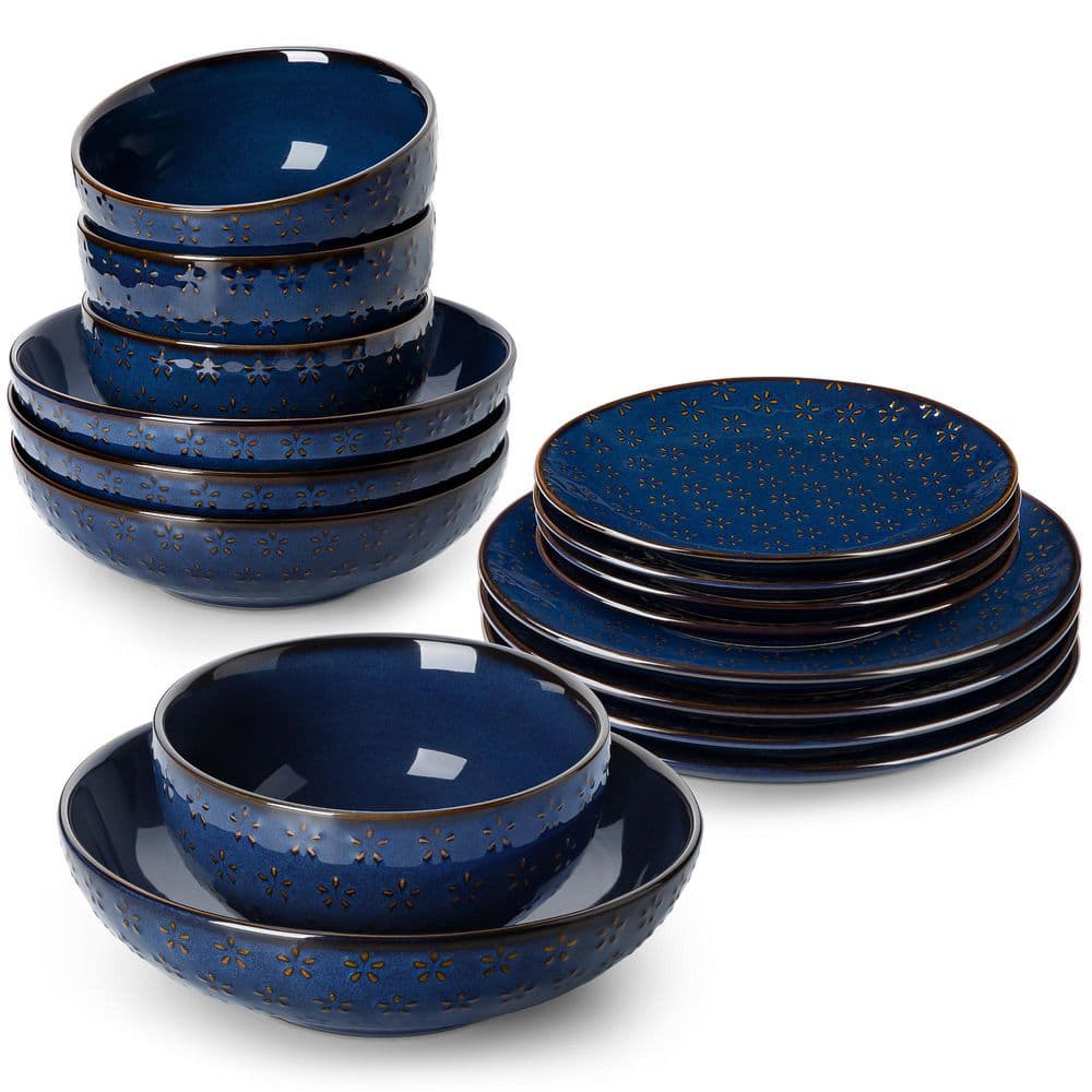 16-Piece Blue Stoneware Dinnerware Set Service for 4-Embossed Star-shape Floral Pattern Bowls and Plates Set - Hercitys