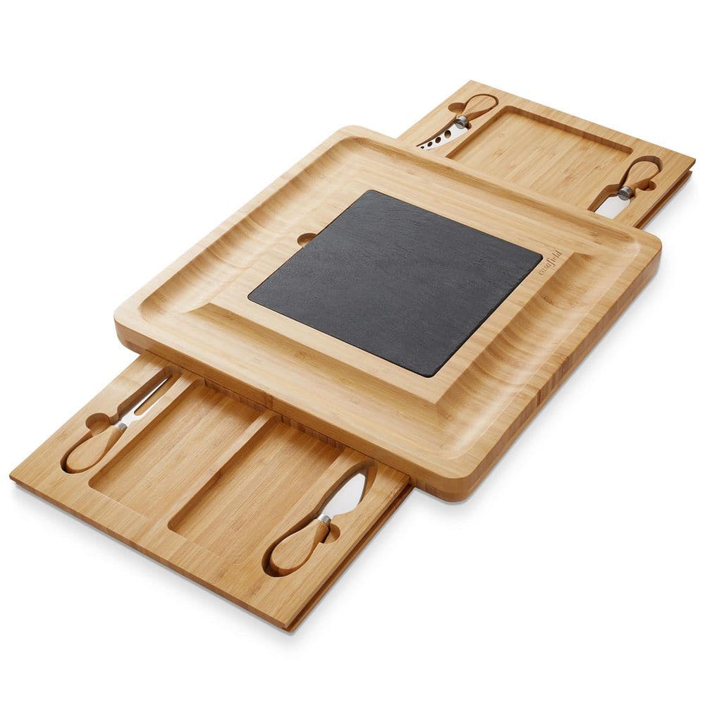 14.25 in. Traditional Natural Brown Bamboo Cheese Board with Slate Cheese Plate and Cheese Knives - Hercitys