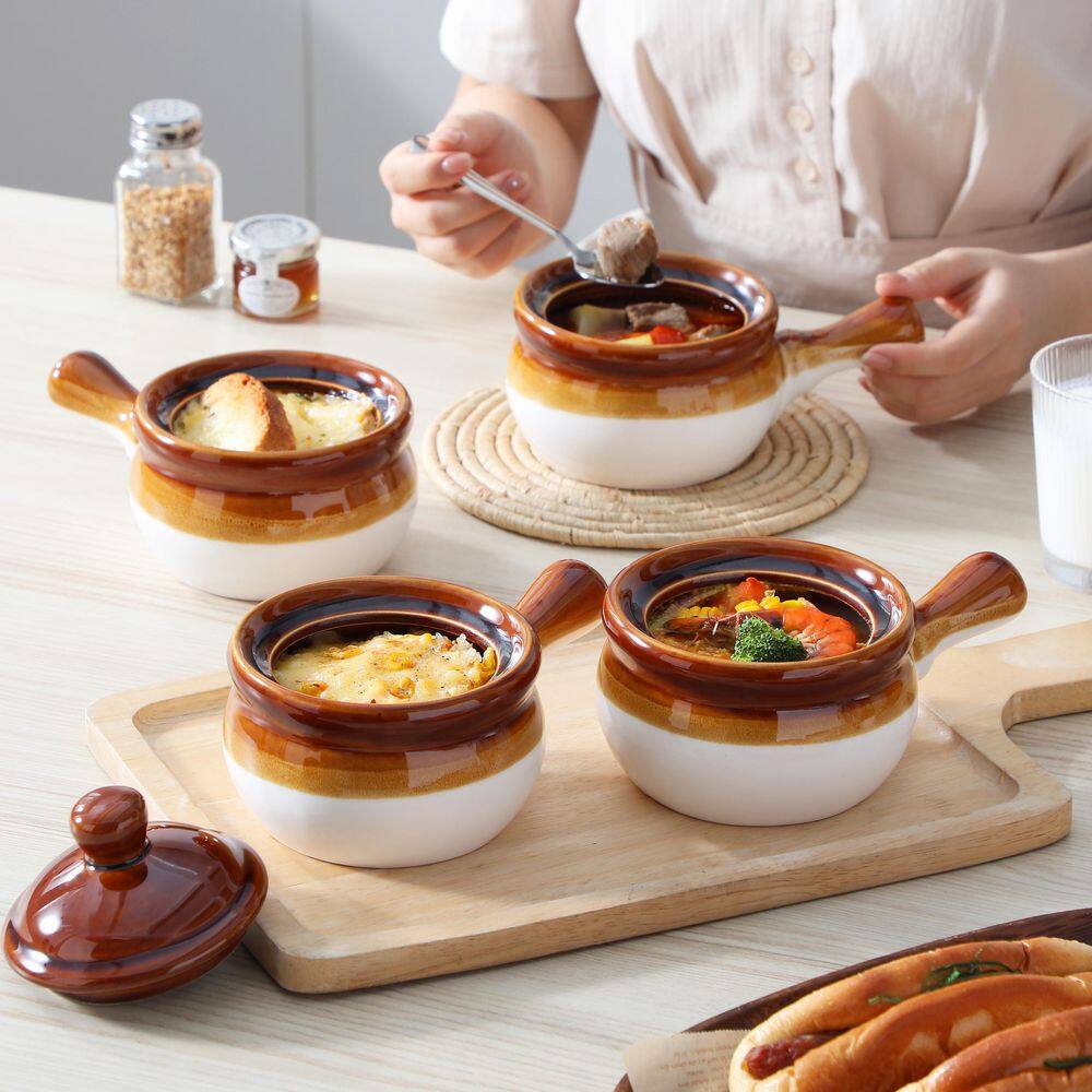 16 fl. oz. Brown and White Stoneware French Onion Soup Bowls Set of 4 Small Serving Bowls with Lid and Handle - Hercitys