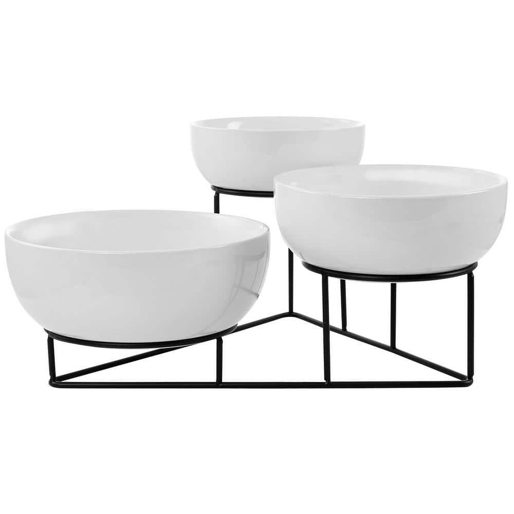 4-Piece White Bowl Set with Metal Rack - Hercitys