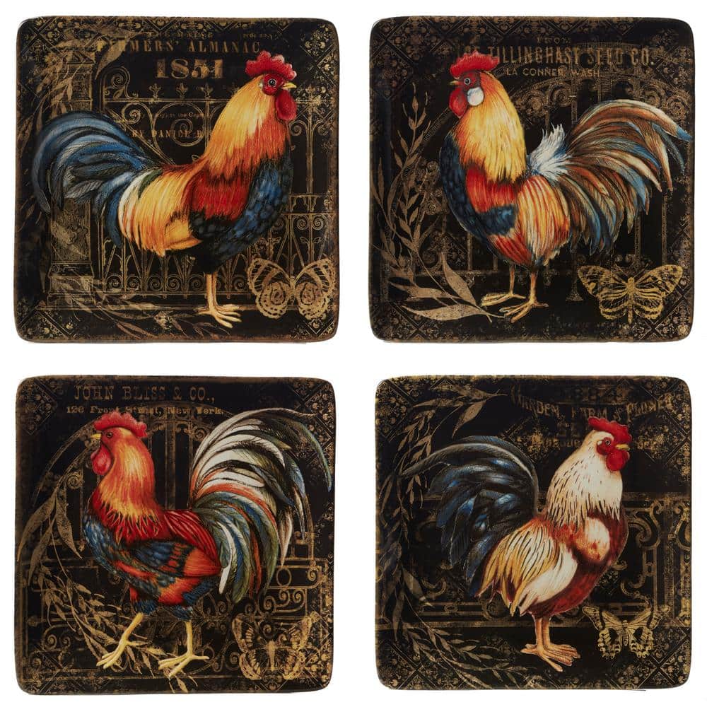 10.5 in. Gilded Rooster 4-Piece Traditional Multi-Colored Ceramic Dinner Plate Set (Service for 4) - Hercitys
