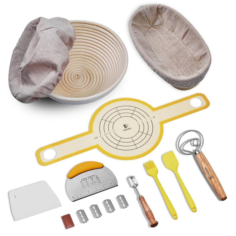 10 in. Oval and 9 in. Round Rattan Bread Proofing Basket Set with Liner, Bread Sling, Dough Whisk, Scraper and More - Hercitys