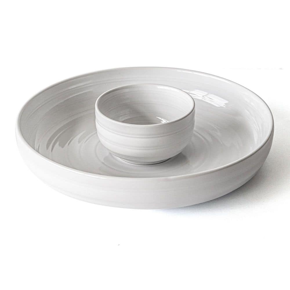 12.99 in. White Stoneware Serving Bowl Round Chip and Dip - Hercitys