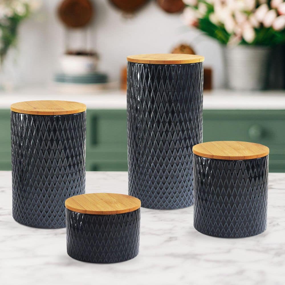 4-Piece Diamond Embossed Stoneware Canister Set with Lids, Navy - Hercitys
