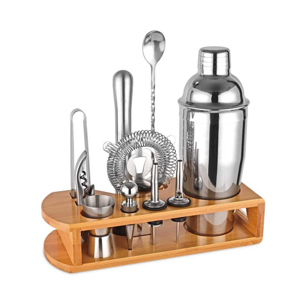 12-Piece Silver Cocktail Shaker Set Bartender Kit with Bamboo Stand, Complete Bar Accessories for Home and Bar - Hercitys