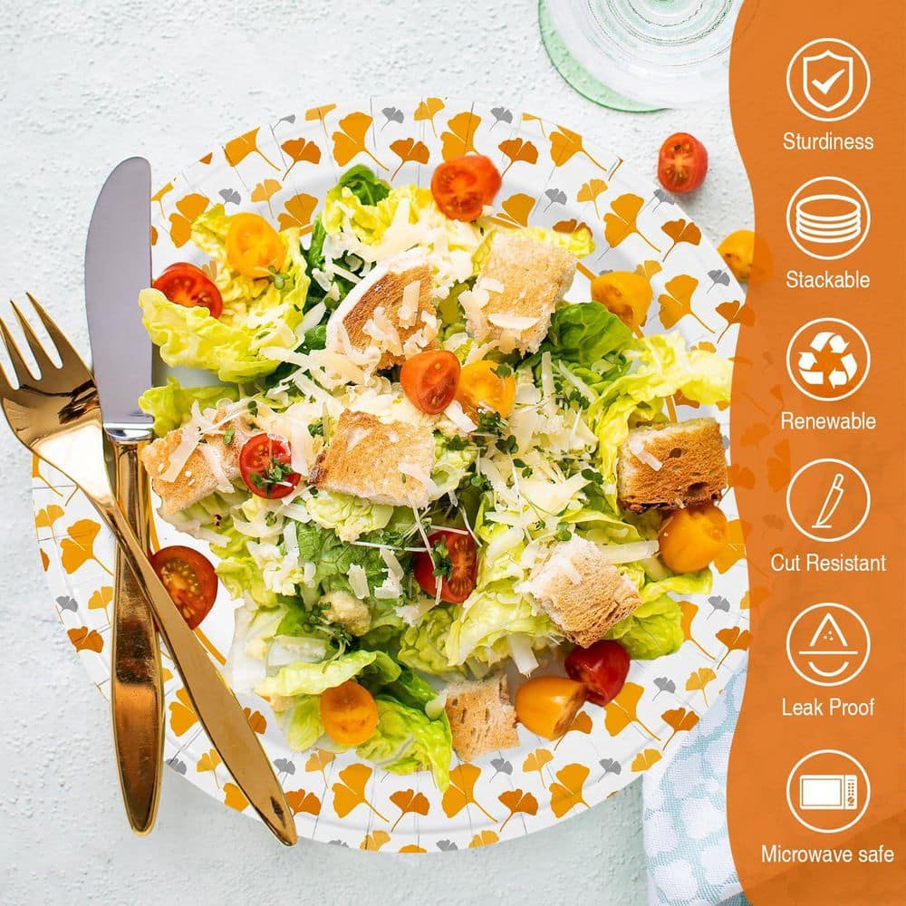 10 in. Disposable Paper Plates with Ginkgo Design, 300 Count Bulk Pack - Hercitys