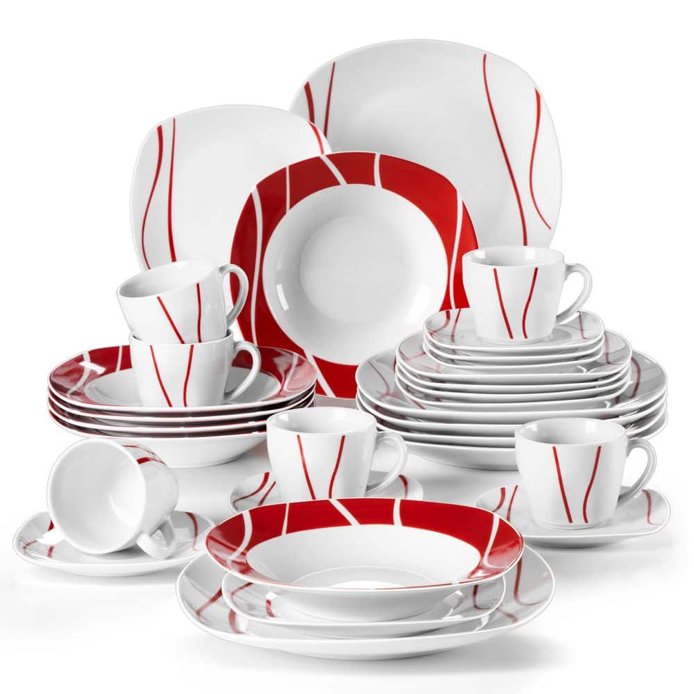 30-Piece White Porcelain Dinnerware Set (Service for 6) Red Stripes Tableware with Plates Cups and Saucers - Hercitys