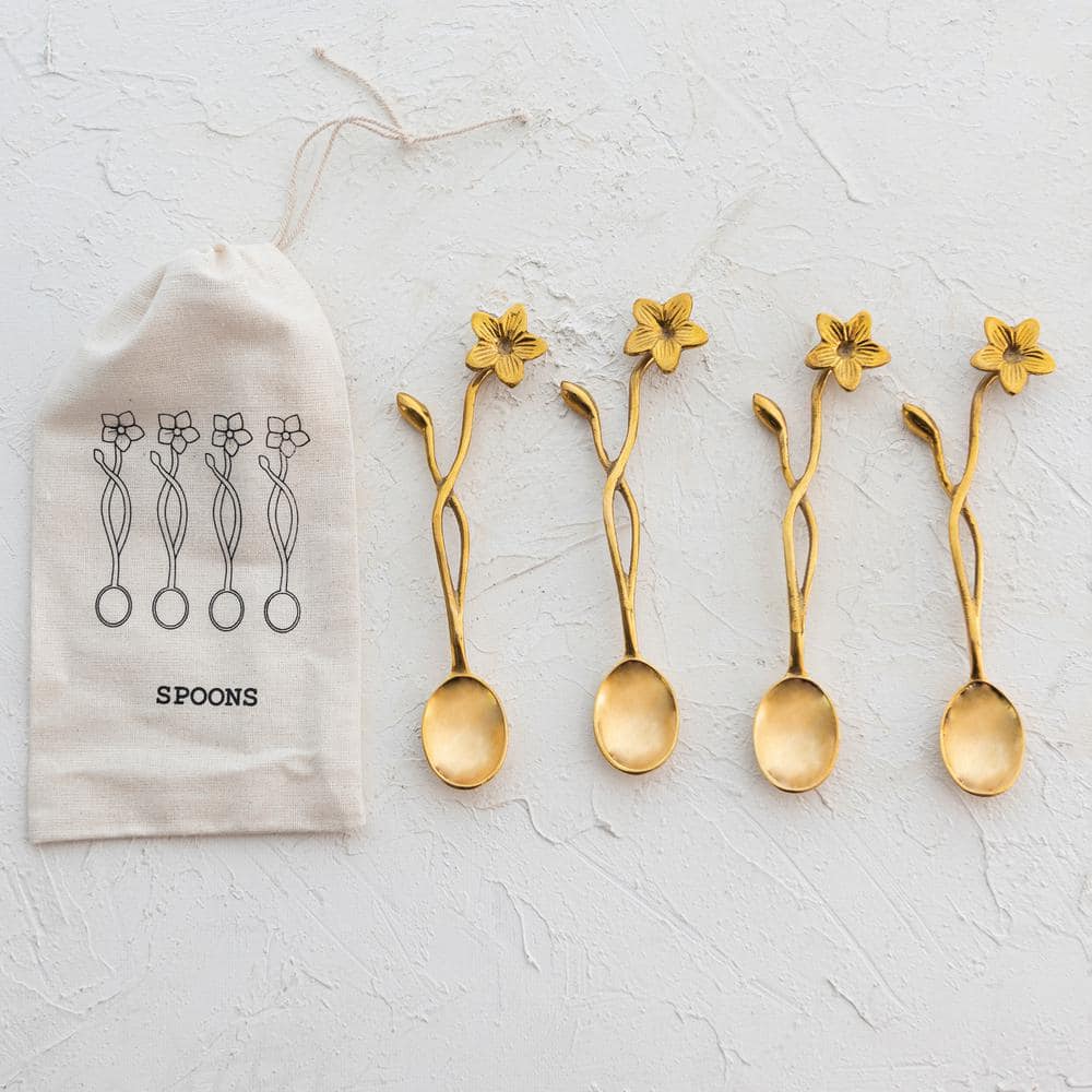 4-Piece Farmhouse Brass Spoons with Flower Handles in Drawstring Bag - Hercitys