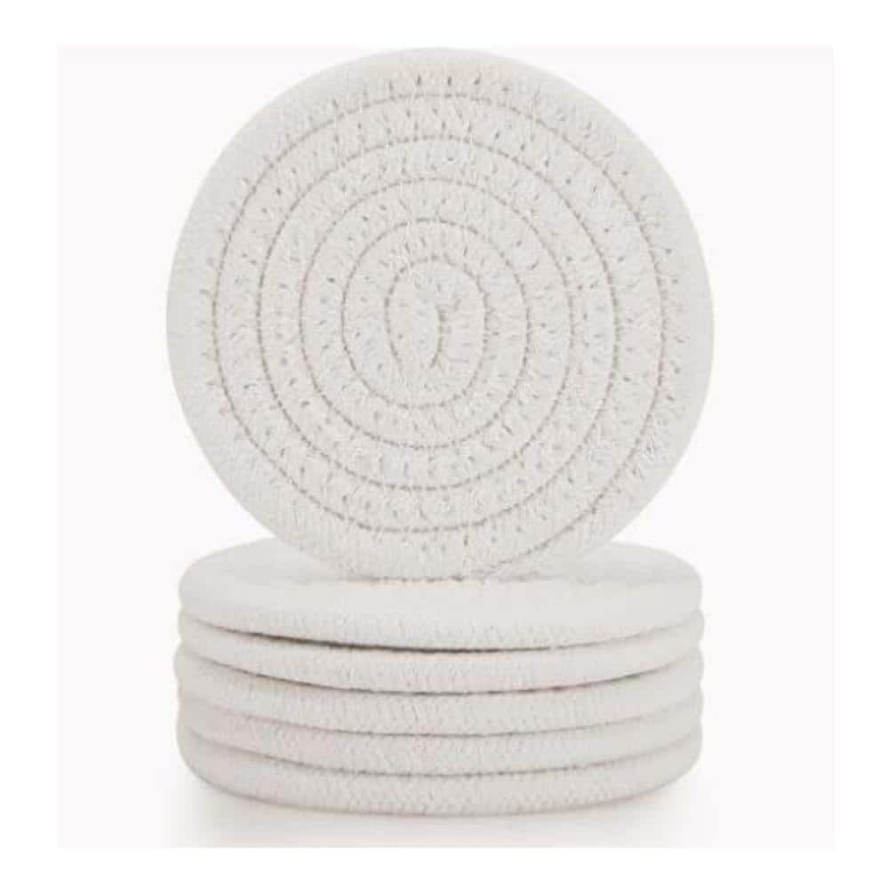 4.3 in. Handmade Round Woven Coaster for Coffee Tabletop Absorbent Drink Coaster in White (Set of 6) - Hercitys