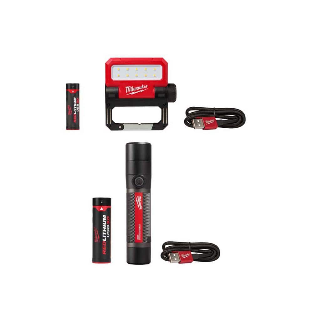 550 Lumens LED REDLITHIUM USB Pivoting Flood Light & 800 Lumens LED USB Rechargeable HP Fixed Focus Flashlight - Hercitys