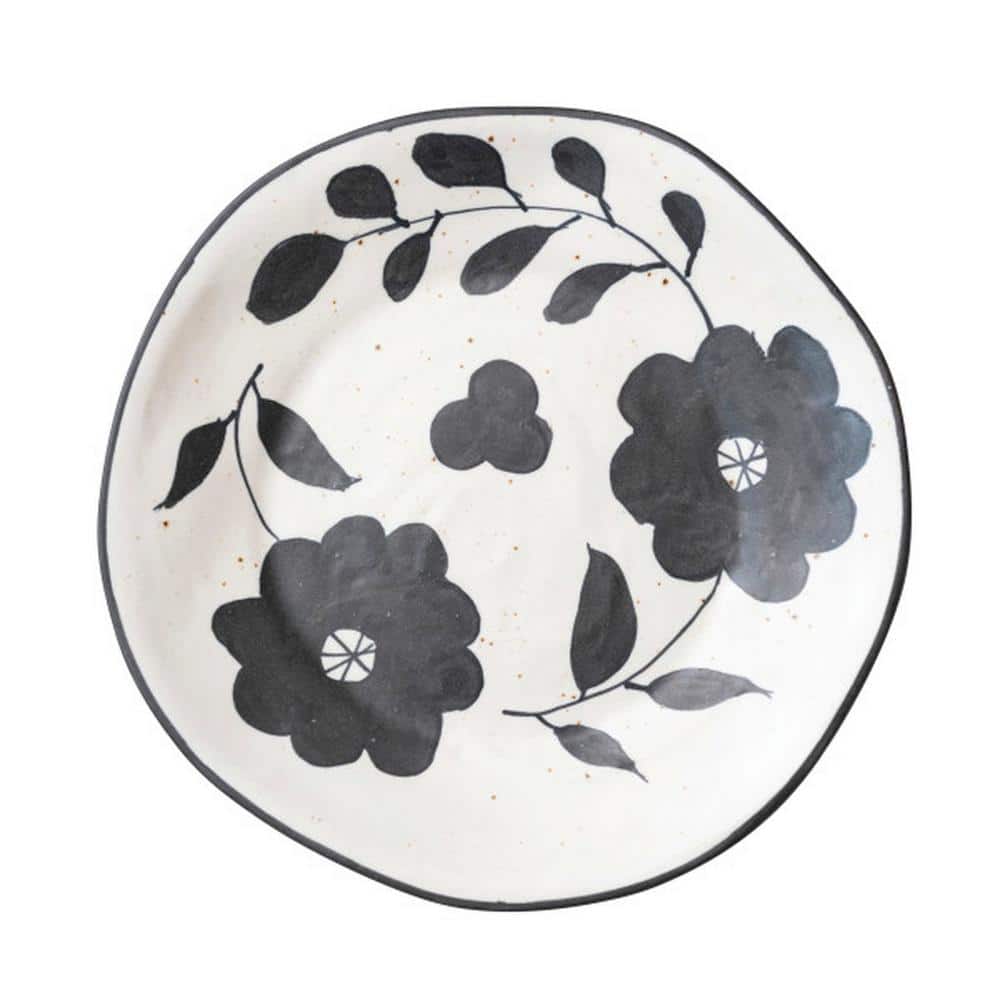 11.5 in. Black and White Organically Shaped Edge Stoneware Round Floral Serving Platters - Hercitys
