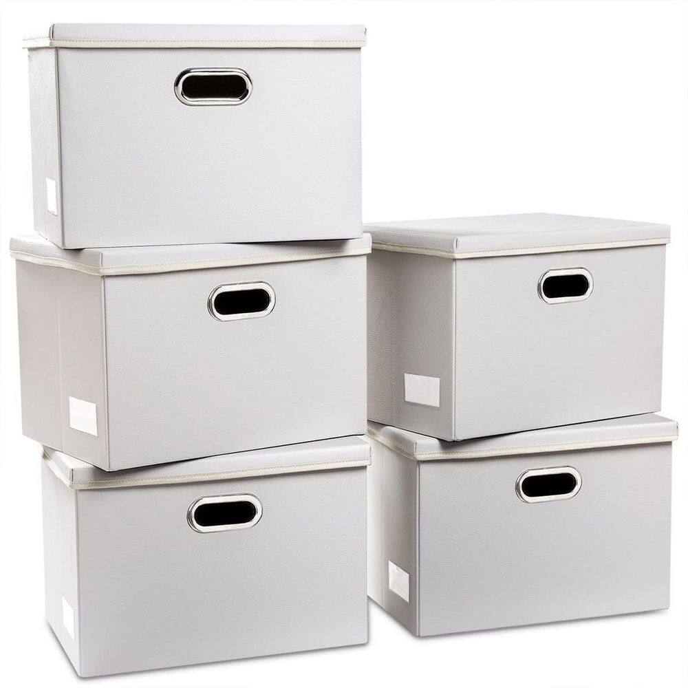 40 Qt. Leather Fabric Storage Bin with Lid in White (5-Pack) - Hercitys