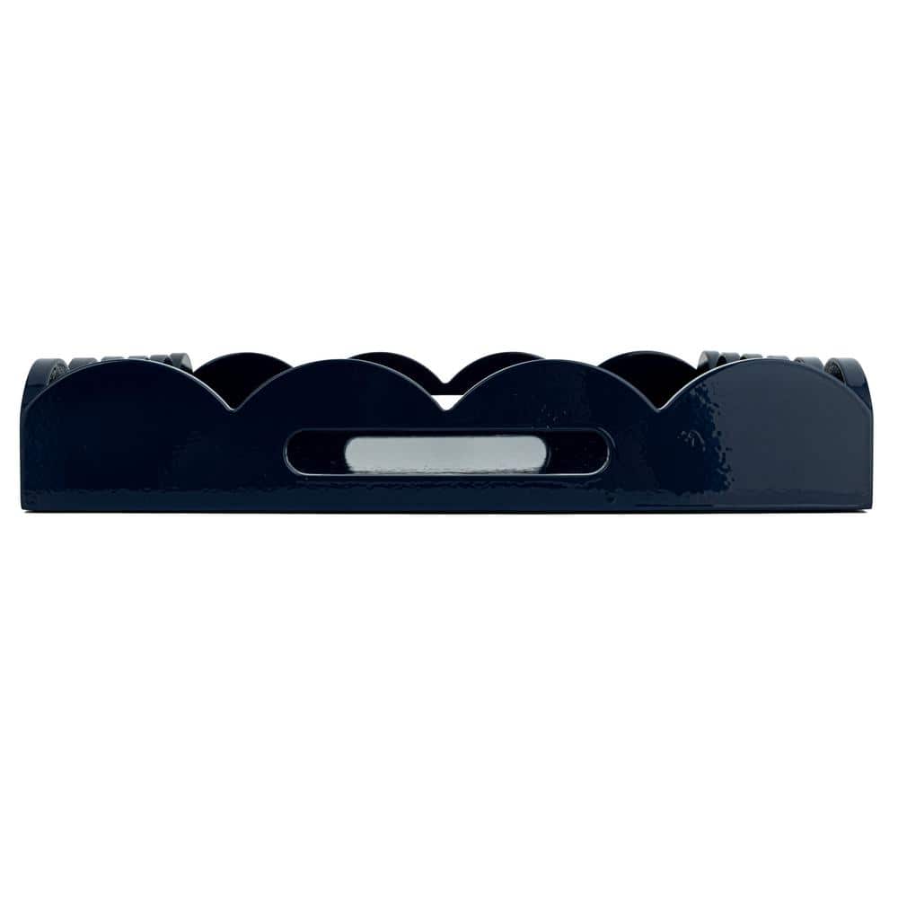 20.5 in. W x 2.6 in. H x 20.5 in. D Rectangle Wood Navy Blue Lacquered Scalloped Tray Serving Tray with Handles - Hercitys