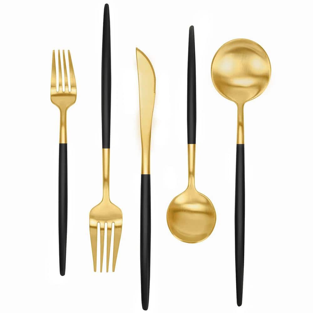 30-Piece Stainless Steel Flatware Serving Set-Matte Black Gold Service for 6, Satin Finished Polished, Dishwasher Safe - Hercitys