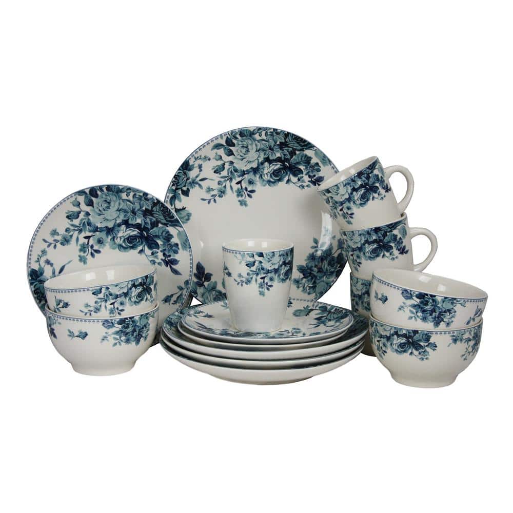 16-Piece Traditional Blue Stoneware Dinnerware Set (Service for 4) - Hercitys