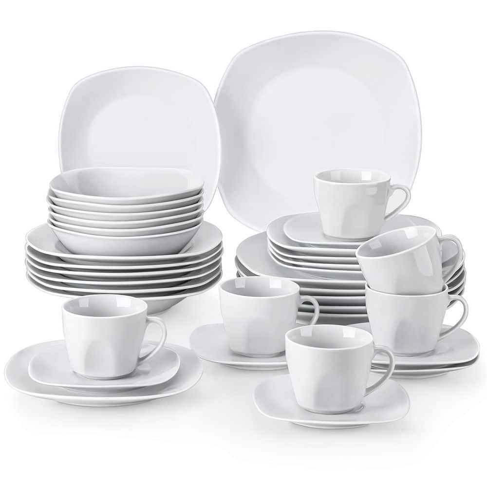 36-Piece Gray-White Porcelain Dinnerware Set Service for 6 Dining Set with Plates Cereal Bowls Coffee Cups and Saucers - Hercitys