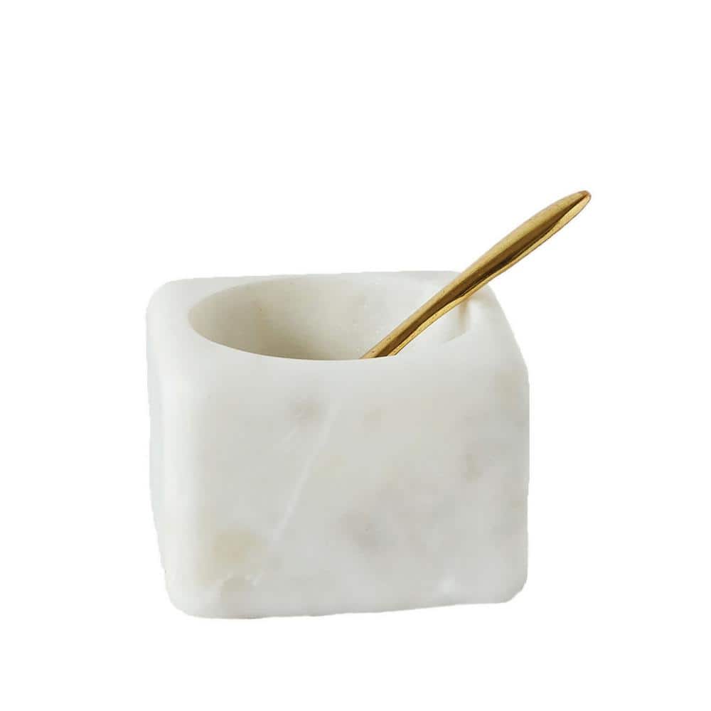 3 in. 2 fl. oz. White Marble Serving Bowl with Brass Spoon (Set of 2) - Hercitys