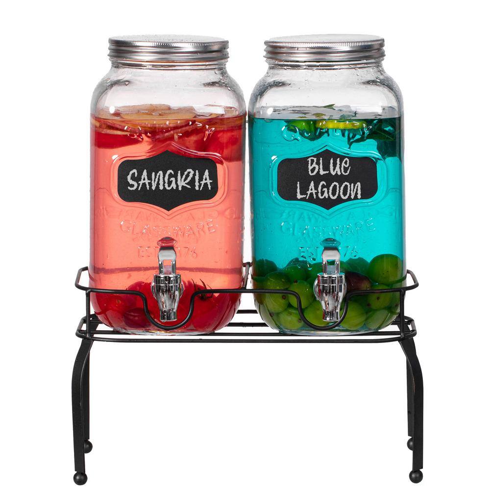 2-Pieces Glass Drink Dispenser Set with Metal Stand, Stainless Steel Spigots and Chalkboard Signs - Hercitys