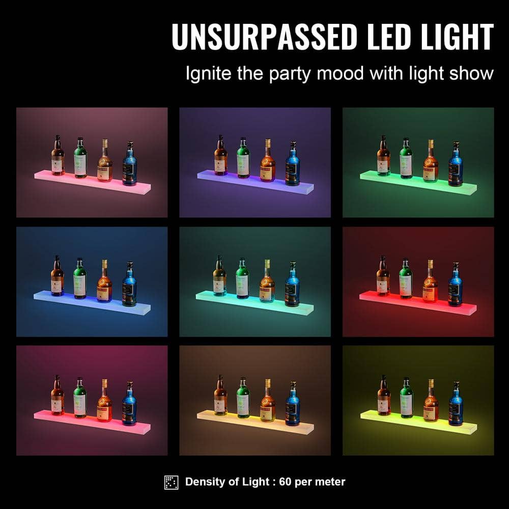 30 in. 1-Tier LED Liquor Bottle Display 1.26 in. H x 4.49 in. W 11-Bottle Multi-Colored Acrylic Bar Shelves - Hercitys
