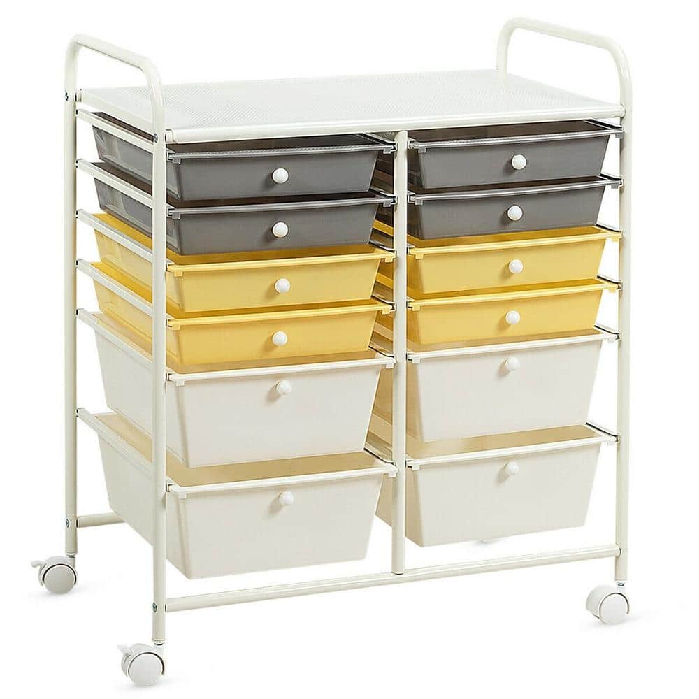 12 Plastic Drawers Rolling Cart Storage Organizer Bins with Four wheels in Yellow - Hercitys