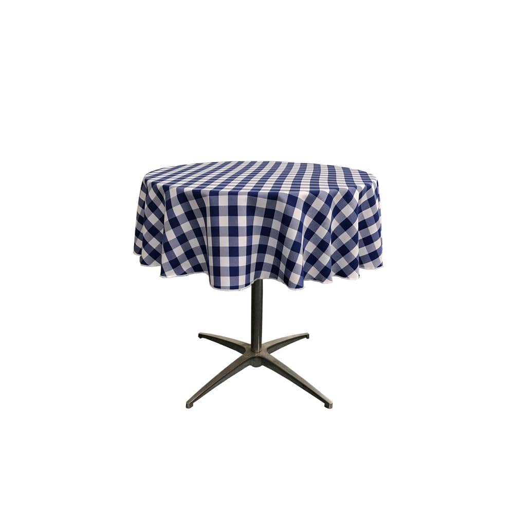 “58 in. White and Navy Polyester Gingham Checkered Round Tablecloth” - Hercitys