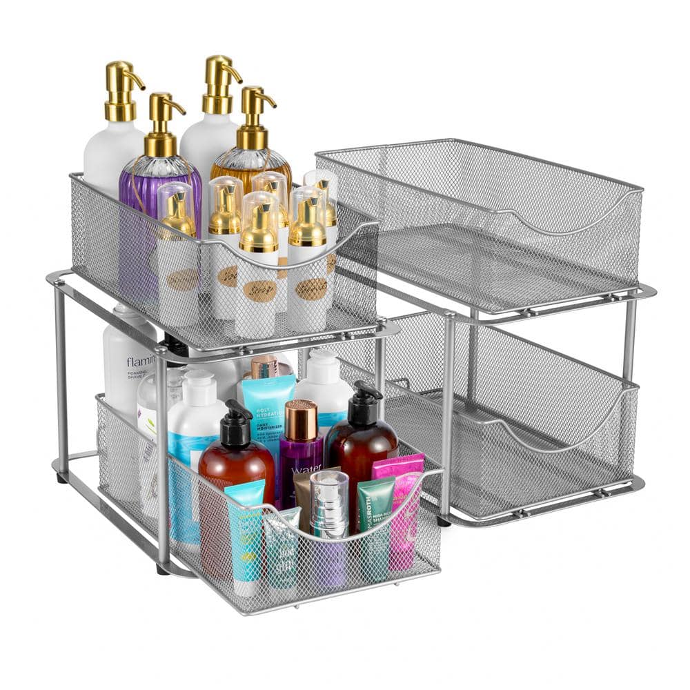 2-Tier Silver Metal Under Sink Bathroom and Kitchen Organizers and Storage, 2 Pack Sliding Drawers - Hercitys