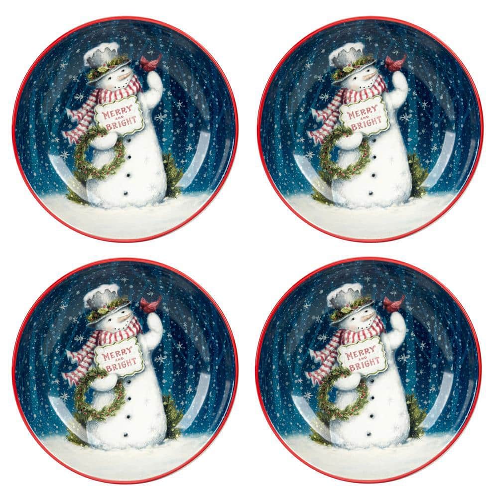 38 fl. oz. Multi-Colored Earthenware Snowman Greetings Soup and Pasta Bowls (Set of 4) - Hercitys