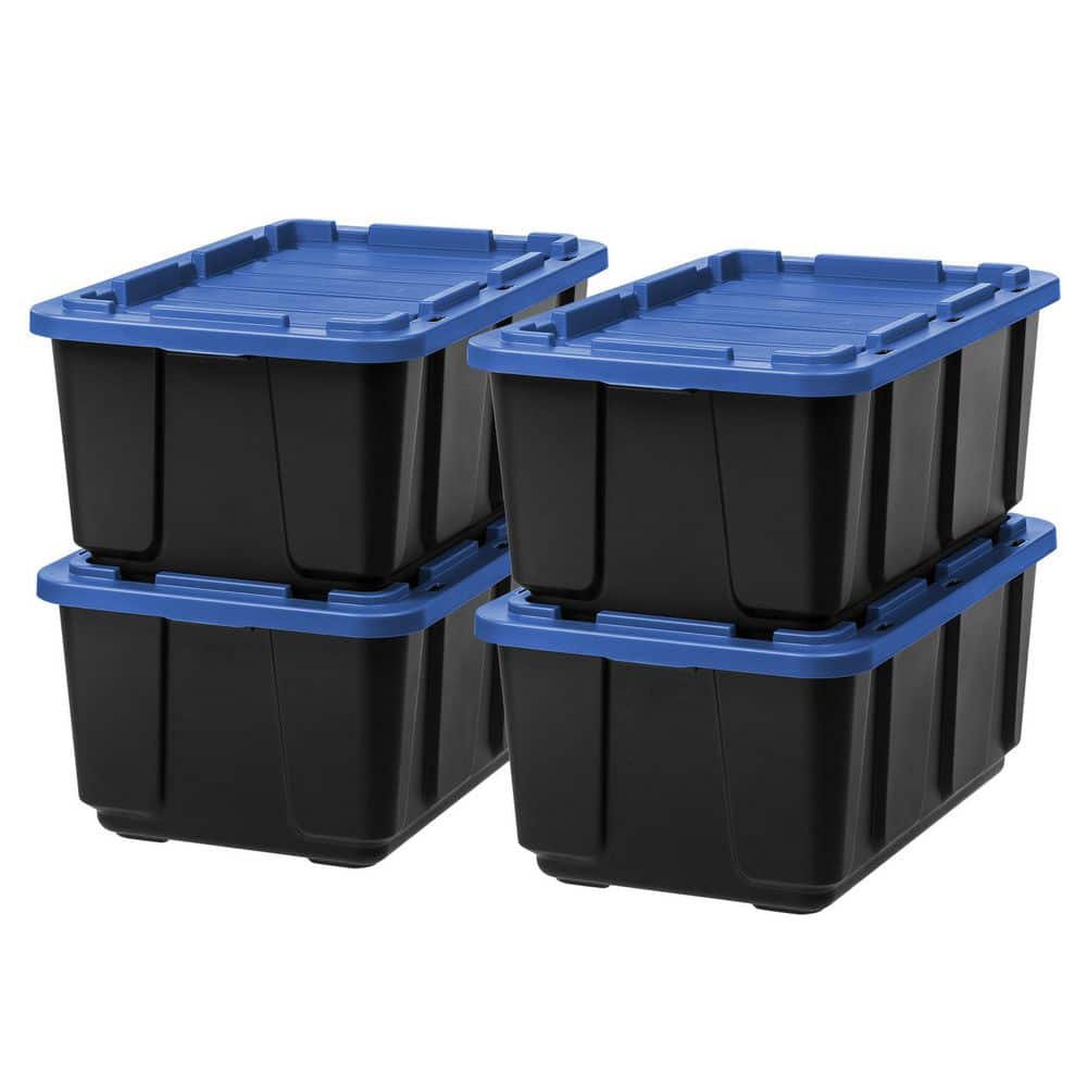 27 Gal. Stackable Storage Totes with Lids, Black-Blue, 4Pk - Hercitys