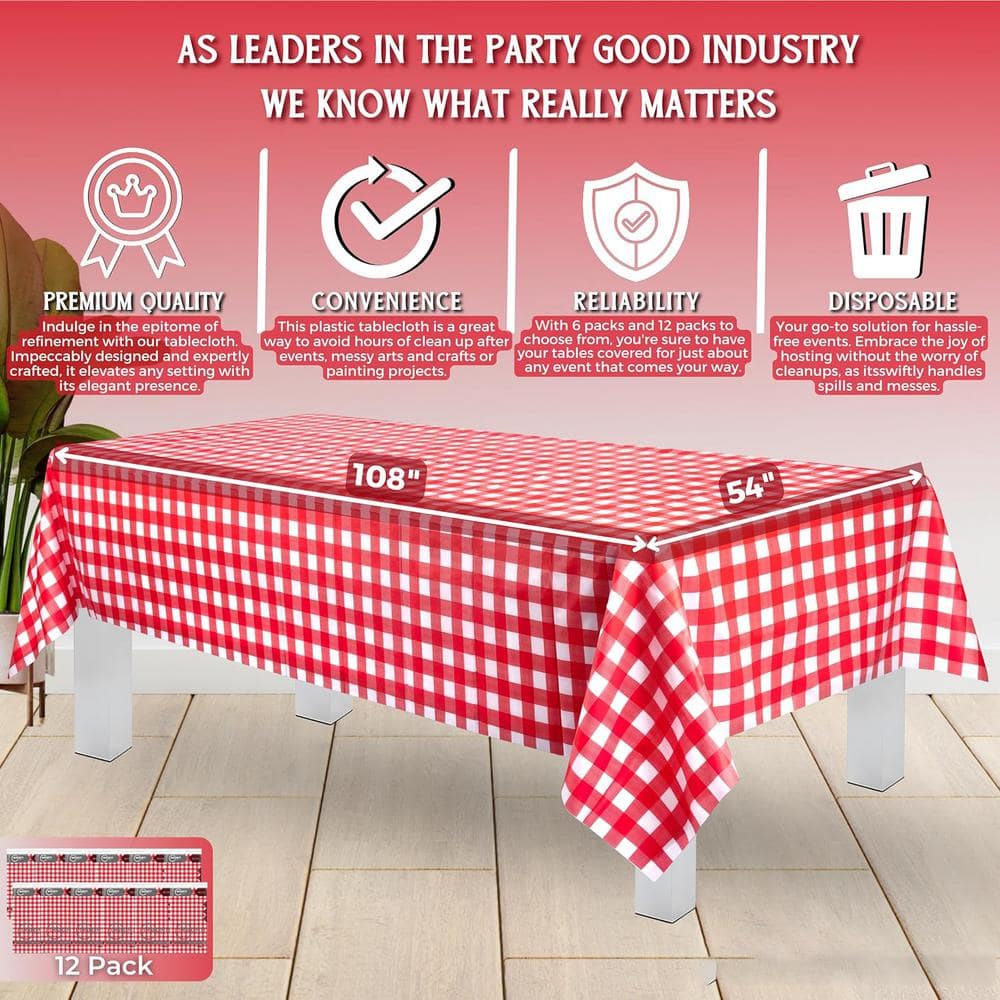 54 in. W x 108 in. L Red Gingham Checkered Plastic Tablecloth Disposable (12 Pk) - Hercitys