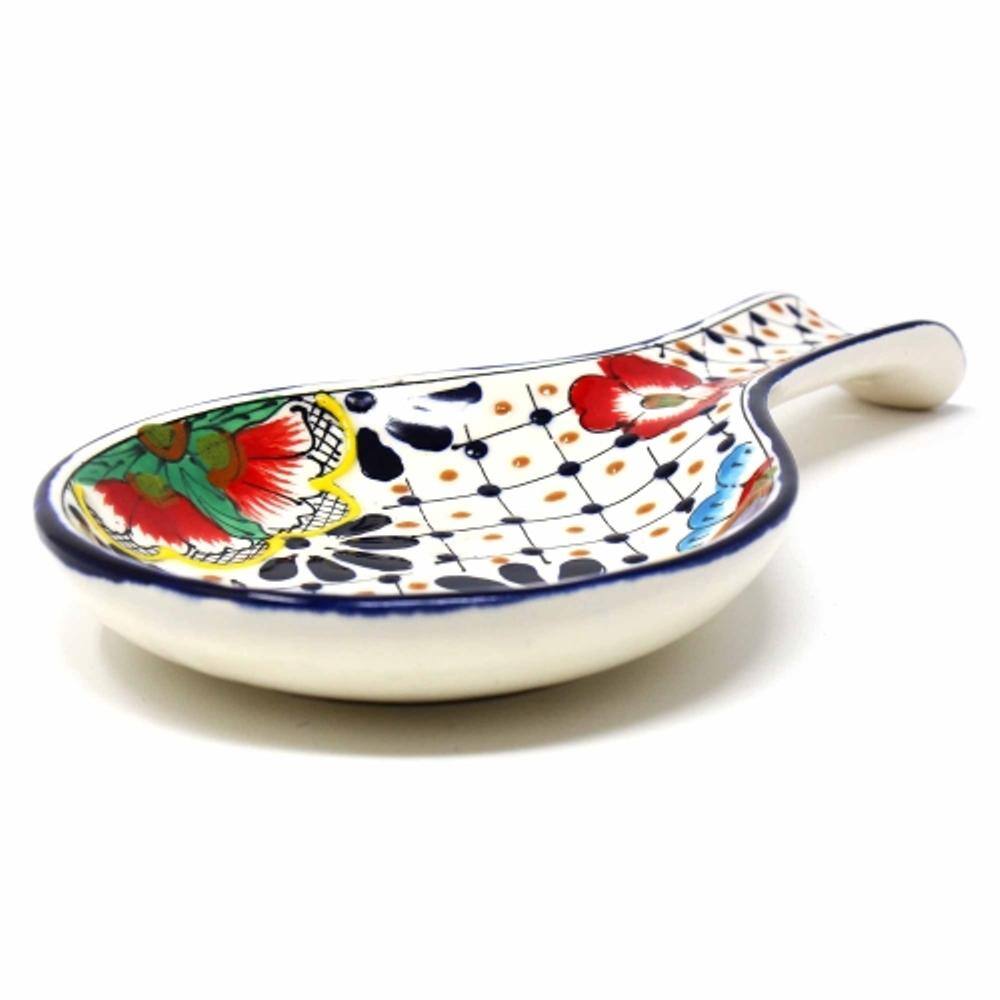 1-Piece Dots and Flowers Mexican Pottery Ceramic Spoon Rest - Hercitys
