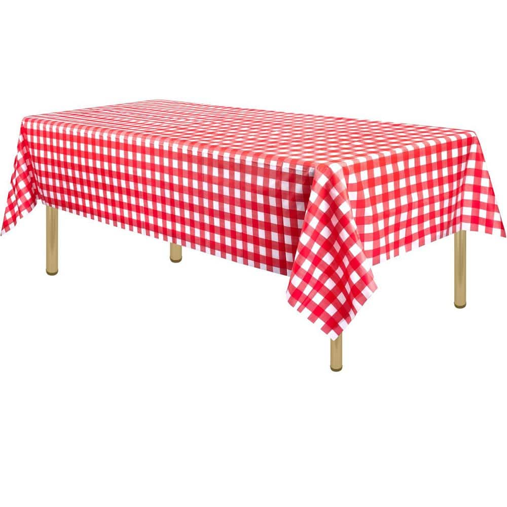 54 in. W x 108 in. L Red Gingham Checkered Plastic Tablecloth Disposable (12 Pk) - Hercitys