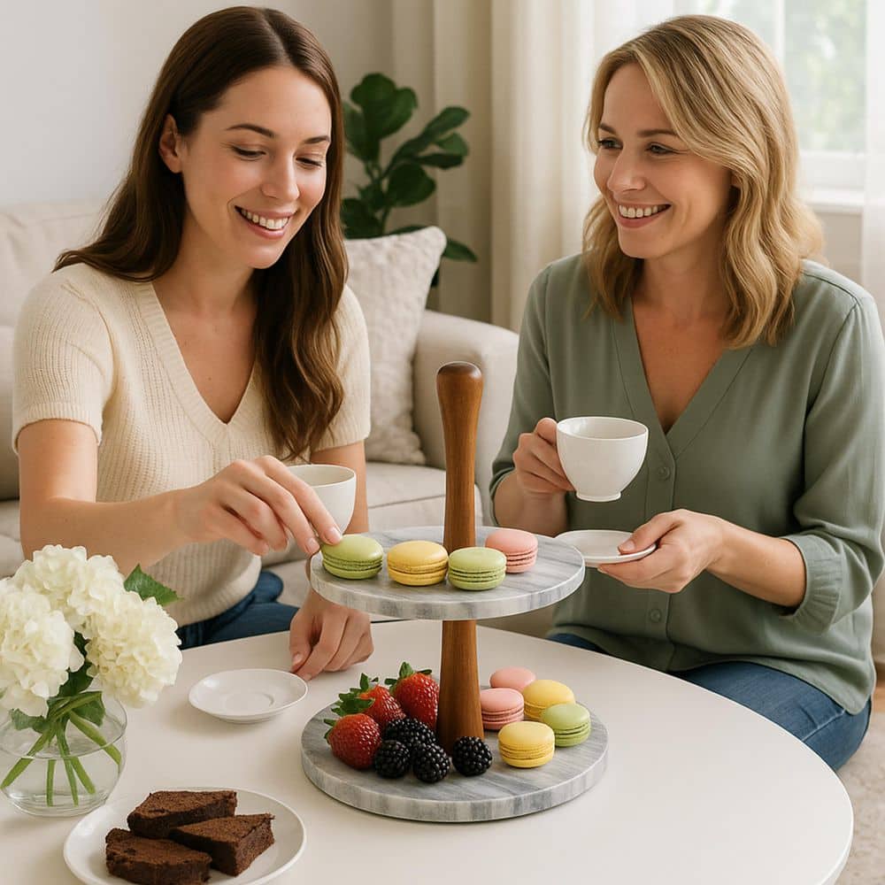 2-Tier Natural Marble and Acacia Wood Cake Dessert Stand, Fruit Plate, Pastry Server, Off-White - Hercitys