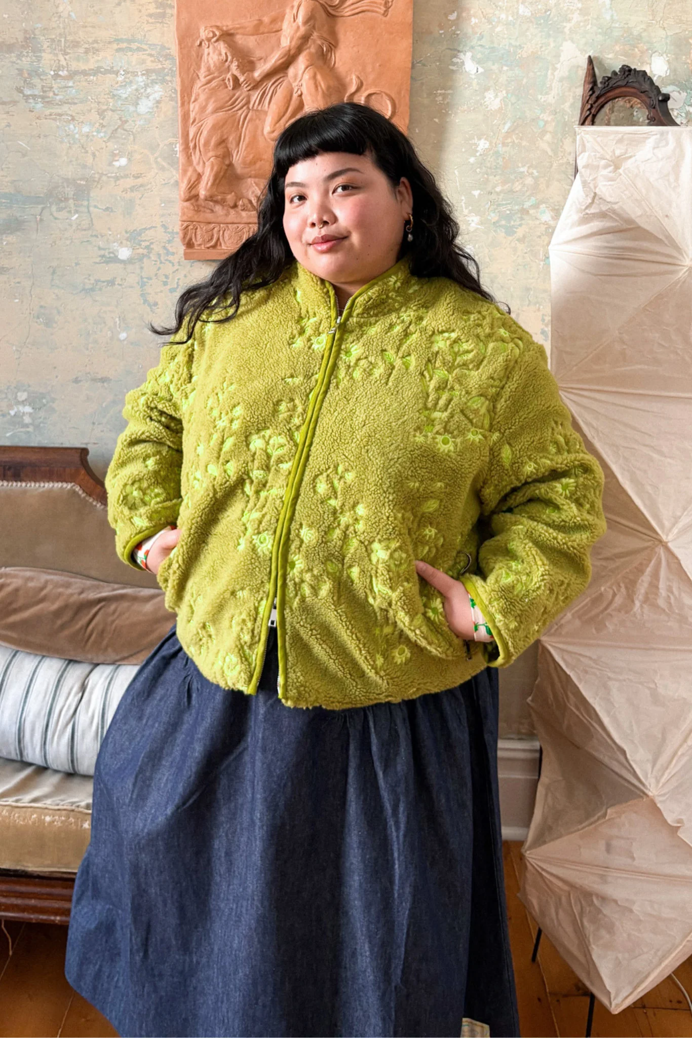 EMBROIDERED FLEECE JACKET - MATCHA GARDEN - Hercitys